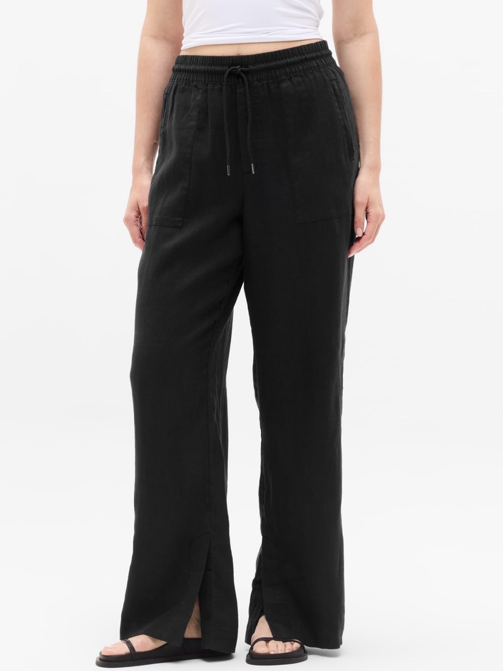 Athleta Retreat Linen Wide Leg Pants  Black Drawstring High Rise XL Tall